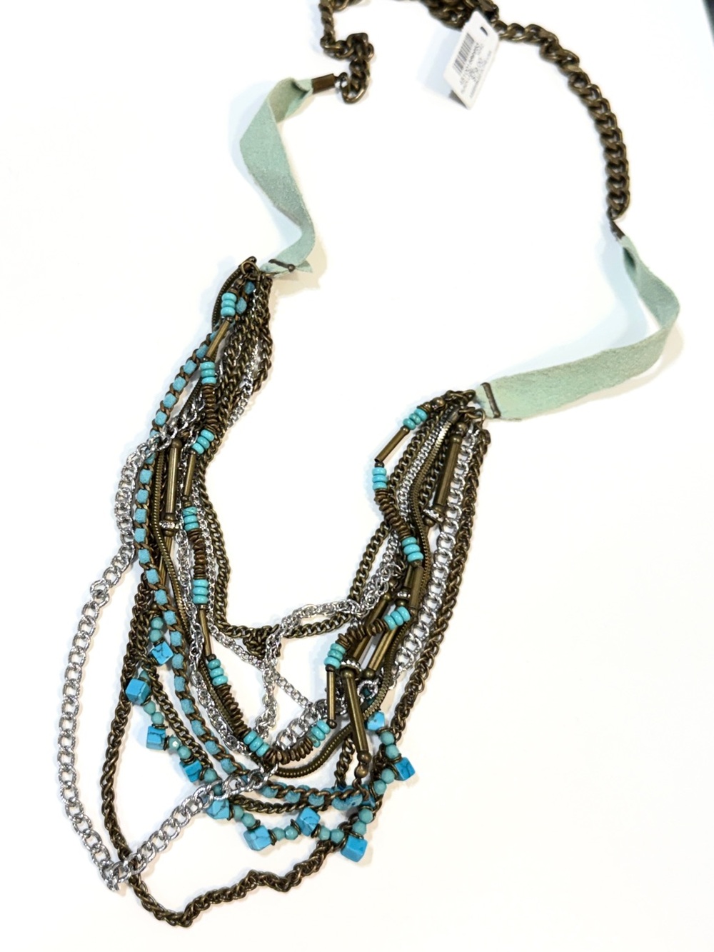 CHICO’S Mint Suede Turquoise Bead Mixed Metal Layered Necklace NWT